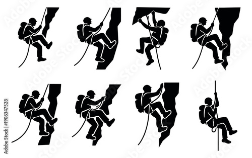 Silhouette rock climber set featuring people in various climbing and rappelling poses for outdoor adventure activities