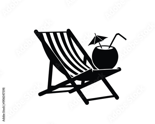 Vector icon of a striped beach chair with a tropical coconut drink, umbrella, and straw, symbolizing summer relaxation, leisure, and holiday escapes
