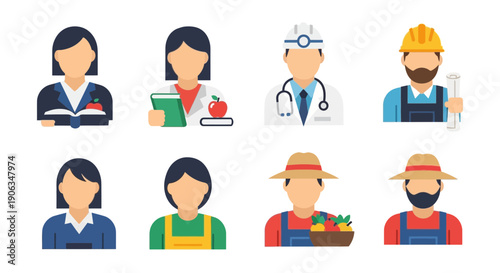 Diverse Professions Icons: Doctor, Teacher, Farmer, Builder, Professional