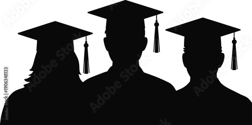 Black silhouette set of graduates wearing academic caps and tassels for university graduation ceremony isolated on white background,