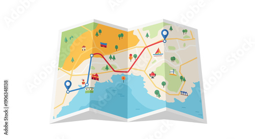Folded Map with Route and Pins on White Background