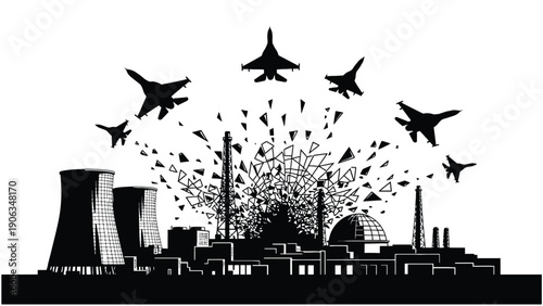 Urban industrial skyline with aerial activity and blast silhouette representing city resilience planning, critical infrastructure protection and business continuity modelling for municipal authorities