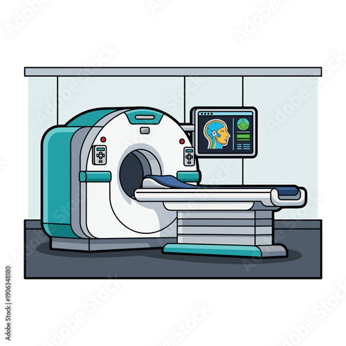 A medical imaging device with a monitor showing a brain scan
