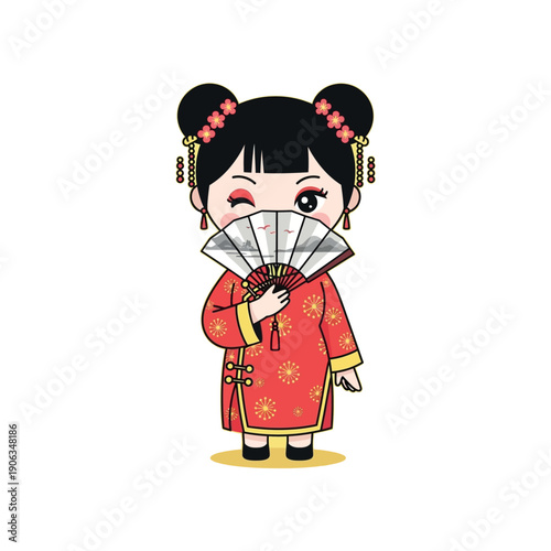 A cartoon girl in traditional Chinese dress winks while holding a fan.