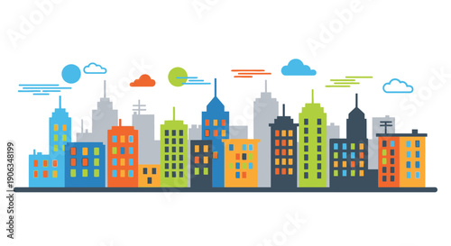 Colorful cityscape illustration with modern buildings and abstract sky elements