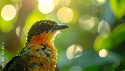 Close-up of a vibrant orange and black bird with a textured head, perched in a lush green environment with soft, glowing bokeh lights in the background.