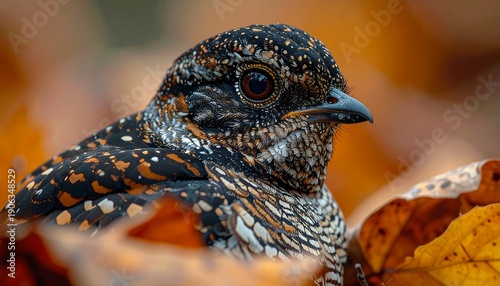 A close-up shot of a beautifully camouflaged nightjar bird nestled among vibrant autumn leaves, showcasing its intricate speckled plumage and large dark eyes.