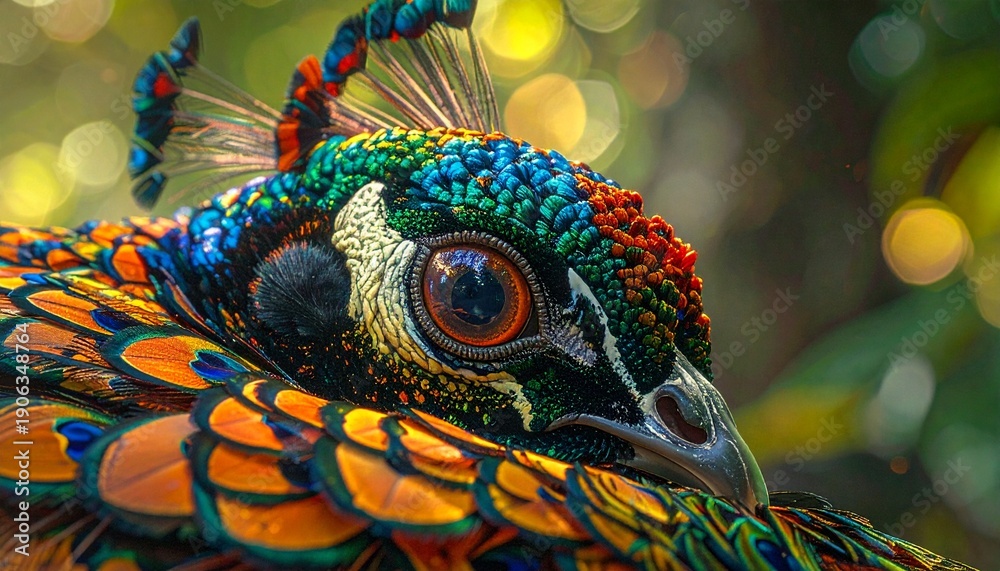 Obraz premium Close-up of a vibrant peacock's head showcasing its intricate, colorful feathers and reflective eye in a blurred natural background.