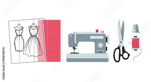 Fashion Design Tools: Sewing Machine, Scissors, Fabric, Dress Sketch