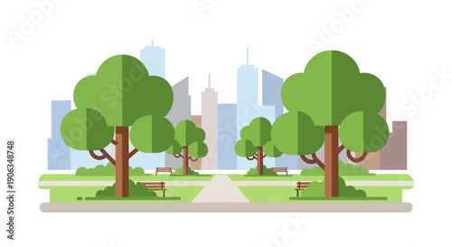 Urban park with trees, benches, and city skyline background