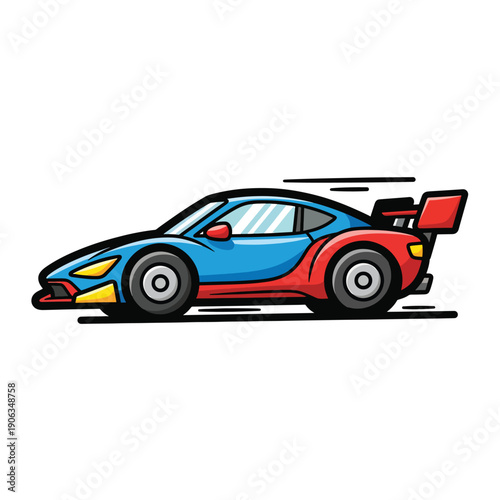 A cartoon-style sports car with blue and red body