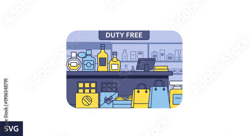 Duty-Free Shop Interior with Perfume, Alcohol, and Shopping Bags