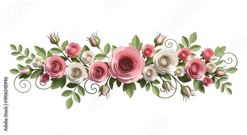 Elegant paper flower garland with pink and cream roses, buds, and green leaves
