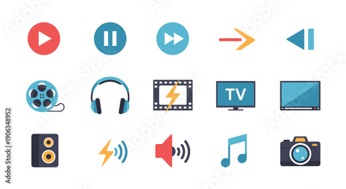 Media Player Icons Set: Play, Pause, Volume, Camera, TV, Headphones