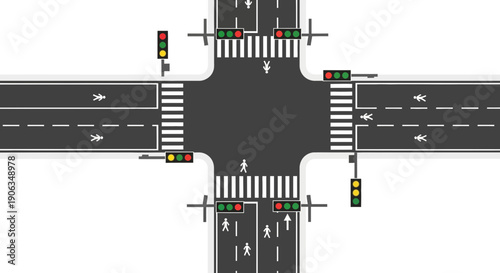 Crosswalk intersection with traffic lights and pedestrian signs
