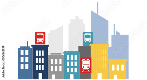 Urban Transport Icons on City Buildings Silhouette Background