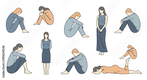 Collection of Diverse People Expressing Solitude and Contemplation in Various Seated and Standing Poses Against a White Background