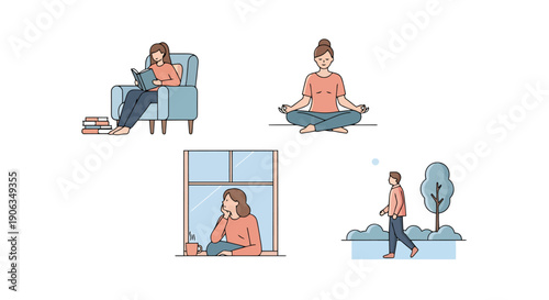 Woman Enjoying Leisure Activities Relaxing Reading Meditating Looking Out Window Walking Outdoors