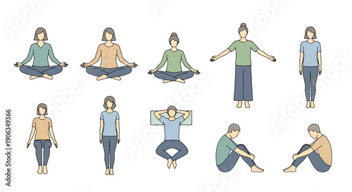 Collection Of People Poses For Relaxation And Meditation Health And Wellness Concepts Artistic Representation On White Background