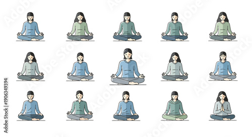 Diverse Female Figures Demonstrating Yoga Meditation Poses Performing Various Stretches and Relaxation Techniques in Studio Setting