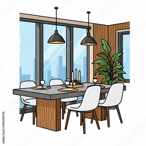 A modern dining room with a table and chairs