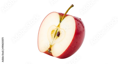 A red apple cut in half with a stem isolated on transparent background