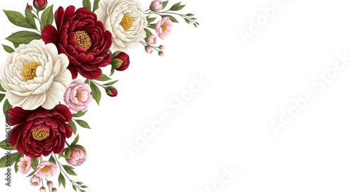 Corner floral arrangement of rich red and white peonies with pink buds and leaves