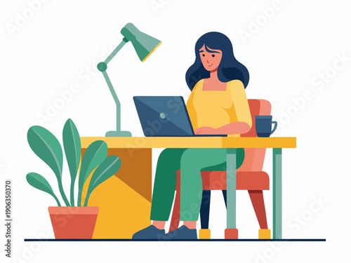 A young woman diligently works on a laptop at her home desk