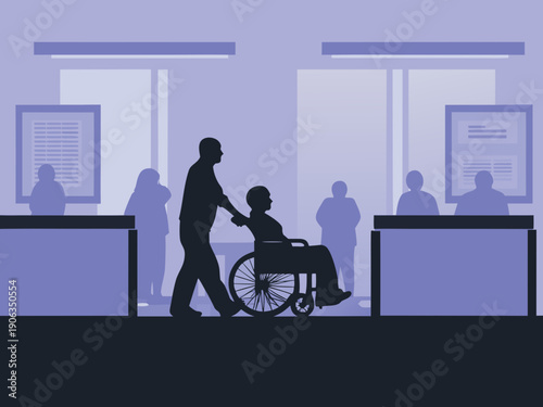 A hospital hallway scene showing a person assisting someone in a wheelchair