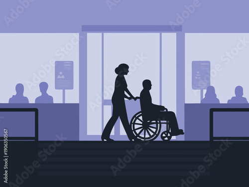 A healthcare worker assists a patient in a wheelchair at a hospital