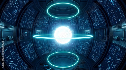 Futuristic laboratory with glowing blue lights and advanced technology