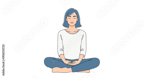 Woman Meditating Comfortably In Lotus Position Relaxation Peace Quiet Inner Calm Simple Clean Style Blue Hair