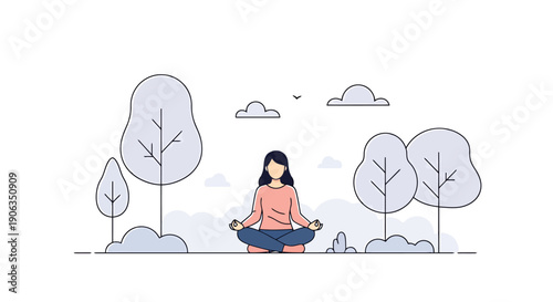 Woman meditating outdoors in a serene park setting with trees and clouds in a calm peaceful environment for wellness and mindfulness concepts
