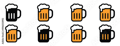 Beer mug symbols, vector illustration set featuring frothy beer