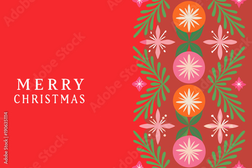 Festive christmas card with floral motifs and a red background