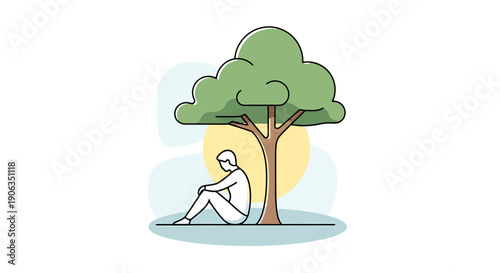 Person Under A Tree Feeling Solitary Peaceful Reflection Outdoors Nature Green Summer Day Abstract Simple Minimalism Concept