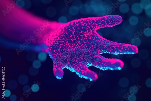 Digital hand reaching out, textured with data points and connections, symbolizing artificial intelligence, futuristic interaction, and networking