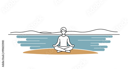 Person Meditating Calmly On Sandy Shoreline Near Serene Water With Distant Hills Under Clear Sky