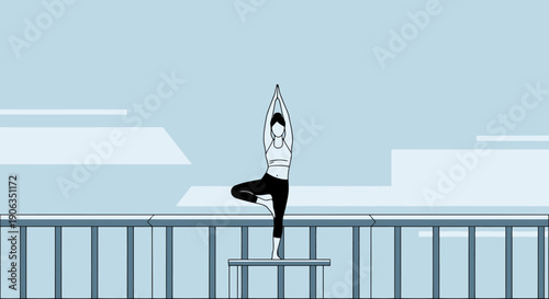 Woman performs tree pose on a platform outdoors with scenic sky background a pose of balance and wellness for a healthy lifestyle