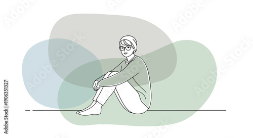 Young woman with glasses sits thoughtfully on floor with abstract organic shapes in soft muted colors providing a serene backdrop conceptualizing