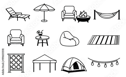 Hand drawn line art outdoor living set featuring various outdoor furniture, camping gear, and accessories for recreation