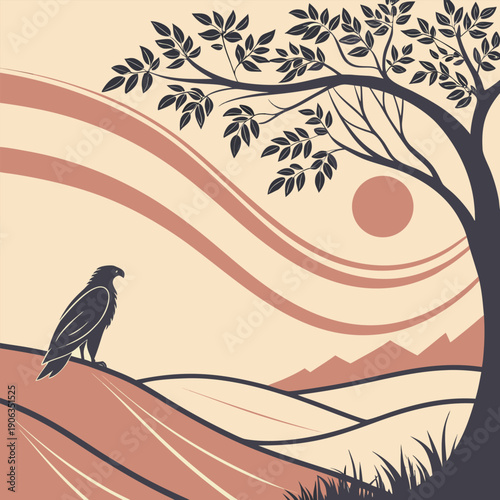 Eagle's Perch in the Sunset: An illustration of a solitary eagle, perched majestically on a hilltop, gazing over a serene landscape painted in warm tones. The scene is of a tree.