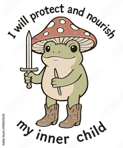 I Will Protect and Nourish My Inner Child Design, Cottagecore Frog Knight, frog, cottagecore, knight, mushroom hat, inner child, self care, whimsical, fantasy, mental health, sword, aesthetic, 