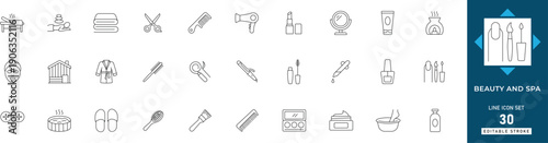 Beauty and spa line icon set featuring wellness, skincare, cosmetic, massage, salon, makeup, and relaxation. Professional editable vector set for lifestyle.
