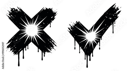 Grunge graphic mark symbols set featuring a distressed checkmark and an X-mark with starbursts and dripping paint for decisions and evaluations
