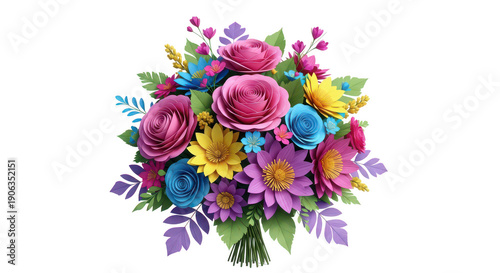 Bright paper flower bouquet with pink roses, blue daisies, yellow sunflowers, and purple blooms