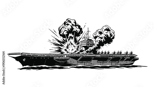 Warship Explosion at Sea Illustration for Naval Conflict Reporting, Maritime Security Analysis and Insurance Risk Assessment Vector Graphic