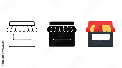 Storefront icons set with awning in different styles and colors