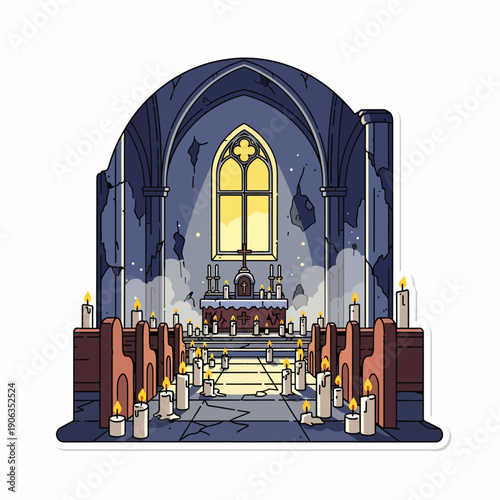 A dark church interior with candles and a large stained-glass window