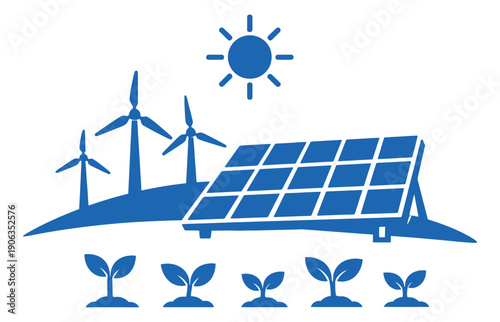 Simple renewable energy icon set featuring wind turbines, solar panels, sun, and seedlings for environmental concepts